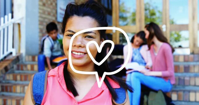 Teen holding books on steps camera pulling back drawn heart popping over chest showing school pride