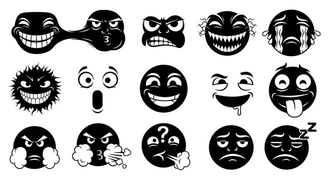 Black  White Emoji Faces Vector Icons, Emotions, Expressions, Vector Art