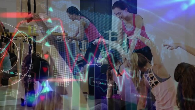 Fitness instructors starting side-bend moving among class guiding alignment with financial overlay