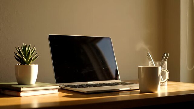 Bright Workplace Setup Featuring Laptop Plant Cup Stacked Books And Office Supplies On Wooden Desk