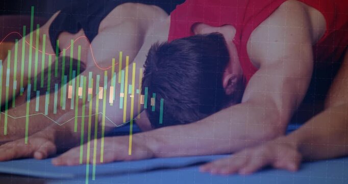 Fitness class holding forward stretch for calm on blue mats, audio driving bars overlaying mats