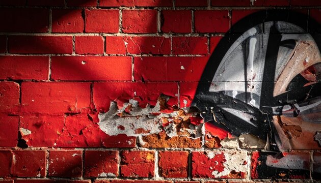 Broken mirror on a red brick wall.