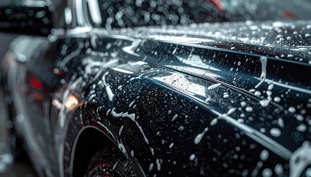 Car Wash with Soap and Water on Black Vehicle.