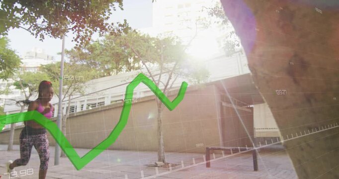Entering from left, woman in pink top sprinting across plaza past tree trunk, green graph tracking
