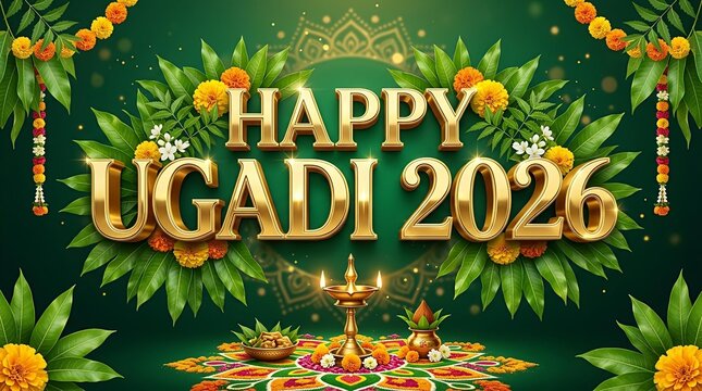 Happy Ugadi 2026 hindu new year greeting banner with golden typography, mango leaves, marigold flowers, decorated kalash, traditional diya and colorful rangoli on rich green background
