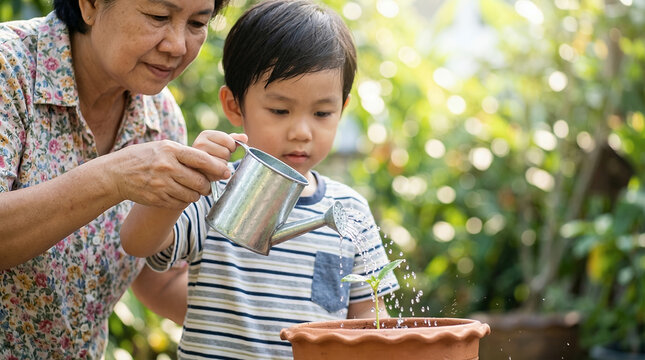 Grandmother guiding a young child while watering a small plant in a garden pot together during a calm outdoor moment teaching care for nature and simple gardening
