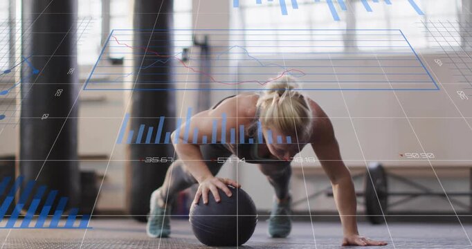 Fitness trainee starting push from hand on medball, doing pushups for core, HUD overlaying torso