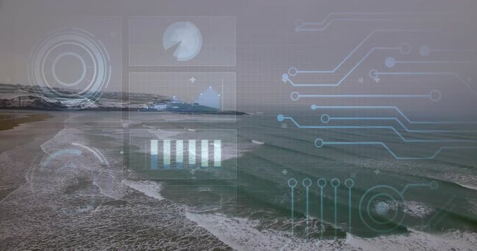 HUD overlay appearing, starting coast data, waves moving to shore while camera drifting HUD pulsing