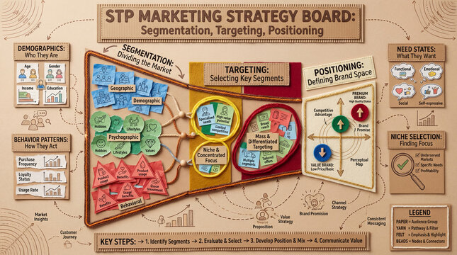 STP Marketing Framework Educational Poster Infographic for Segmentation Targeting and Positioning Strategy.