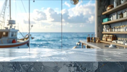 Obraz premium An empty gray marble counter, with a blurred backdrop of a marine supply shop by the sea.