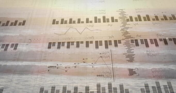 Analytics overlays expanding, mirroring over shoreline, revealing tiled bar charts and line graphs