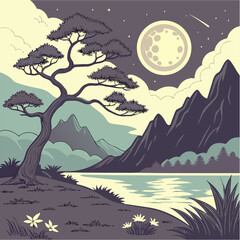 Fototapeta premium vector illustration of a mountain landscape with moon