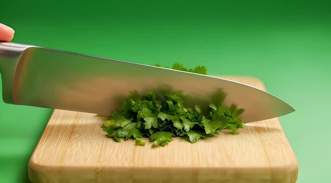 Close up of a kitchen knife cutting parsley on a wooden board