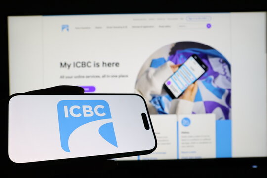 Kiel, Germany - 03-12-2026: Smartphone displaying Chinese banking company ICBC logo in front of companys webpage