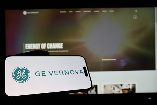 Kiel, Germany - 03-12-2026: Smartphone displaying US energy technology company GE Vernova logo in front of companys webpage
