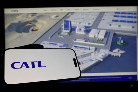 Kiel, Germany - 03-12-2026: Smartphone displaying Chinese battery manufacturer CATL logo in front of companys webpage