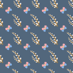 Seamless pattern with stylized butterflies and pussy willow branches on dark blue background, charming nature-inspired design for textiles, wallpapers, and decorative prints © Lipitorika