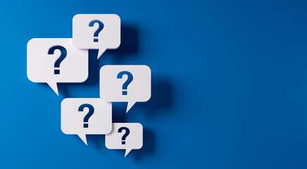 Question mark speech bubbles in front of a blue wall with copy space to the right - 3D illustration