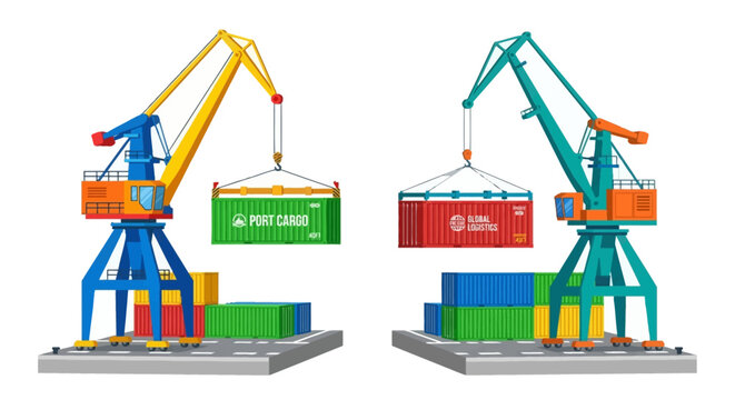 Colorful illustration of two harbor cranes lifting shipping containers