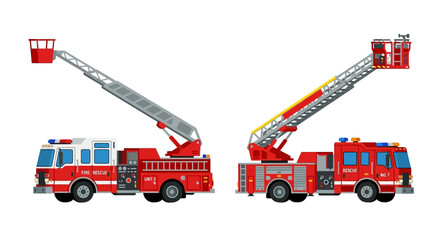 Two red fire trucks with extended ladders side and three quarter views © SHANTI