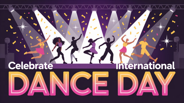 People dancing on stage with spotlights celebrating international dance day with confetti
