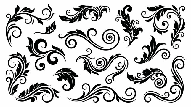 A collection of elegant black floral and scrollwork design elements, featuring ornate swirling patterns and decorative leaves, perfect for classic and vintage-inspired projects.