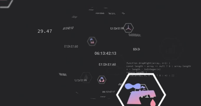Floating cluster of hex icons rotating through dark data field, showing droplet and bar chart
