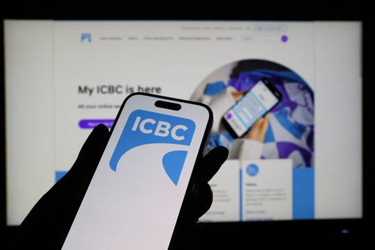 Kiel, Germany - 03-12-2026: Smartphone displaying Chinese banking company ICBC logo in front of companys webpage