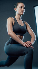 Fototapeta premium Determined athletic woman kneeling in workout leggings and sports bra