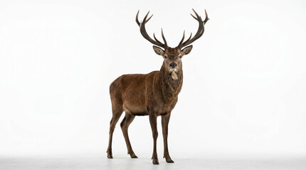 Obraz premium Majestic red deer stag with large antlers standing gracefully, showcasing its impressive size and rich brown fur, ideal for nature and wildlife themes. isolated PNG with Transparent Background