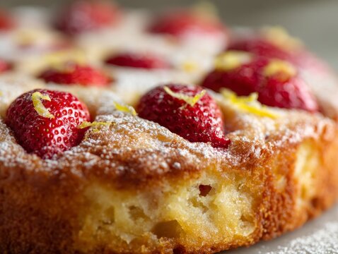 Fresh Baked Strawberry Sponge Cake Dusting Sugar Bright Citrus Zest