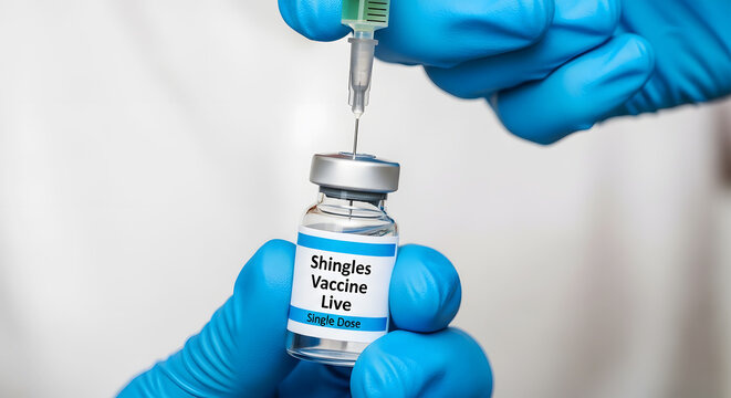 Blue gloved hands holding shingles vaccine vial and syringe medical