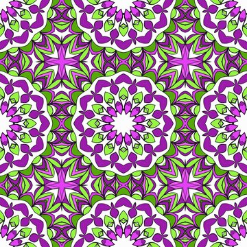 Delicate floral star mandalas in pink and green repeat across a seamless background, giving a playful, decorative look ideal for spring textiles and creative projects.