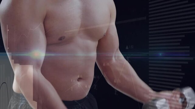 Man gripping dumbbells at waist curling up holding lowering back HUD overlays tracking fitness