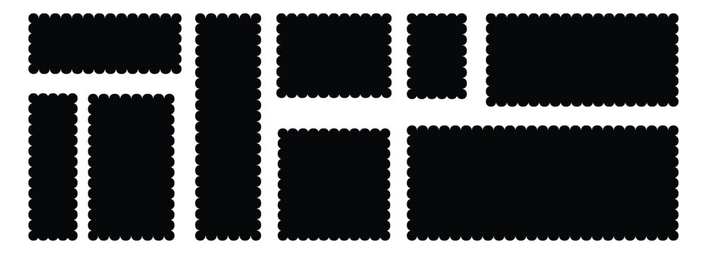 Set of Black zigzag edge rectangle shape collection. Silhouette stickers, round, square, oval and rectangle labels. Vector illustration.