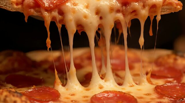 Pepperoni Pizza Slice Lifted With Stringy Melted Mozzarella Cheese On Dark Background Close Up