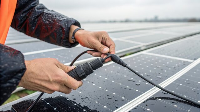 Hands of a technician repairing or installing cables on a wet solar panel outdoors in cloudy weather.