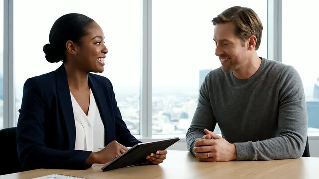 Professional Meeting With Focused Young Woman Taking Notes on Tablet at Wooden Table With Man in Gray Sweater In Office
