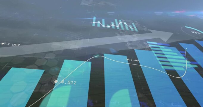 Displaying 3D data visualization in CGI studio, blue bars with white trend line, gray arrow
