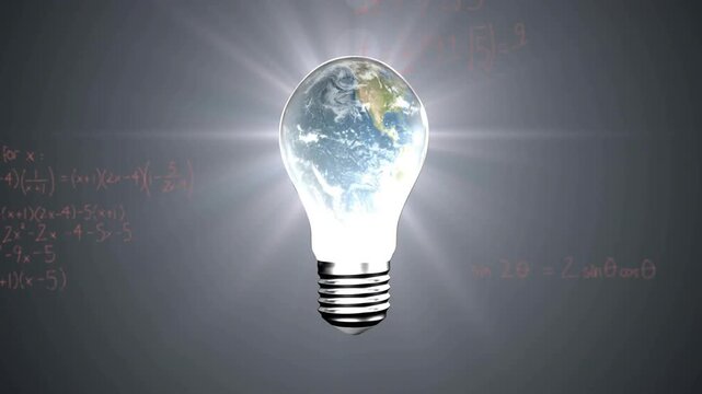 Glowing light bulb emitting rays, causing red math overlays and rotating Earth, visualizing data