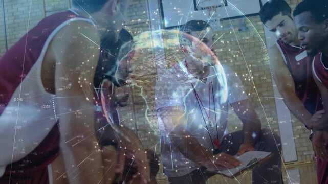 Coach tapping clipboard, team leaning in while globe overlay brightening, signaling basketball play