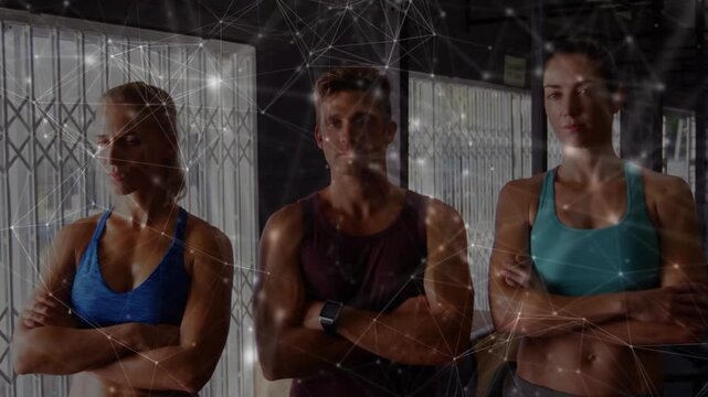 Workout partners shifting gazes, facing forward as camera centering, overlay drifting, metal gate