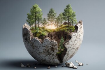Earth globe cracked open like egg with forest growing inside, nature regeneration concept