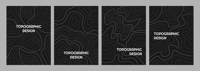 Vector illustration. Vertical topographic map on a dark background with white contour lines. Minimalist terrain elevation patterns for modern poster, book or magazine cover, flyer. Geography design © VVadi4ka