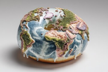 Earth globe donut with continents as icing, global economy concept