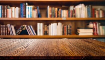 wooden desk space and blurred book shelf in library room background