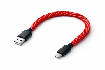 sleek black charging cable with a glossy red licorice rope between the plugs isolated on white clever tech prank concept for april fools day