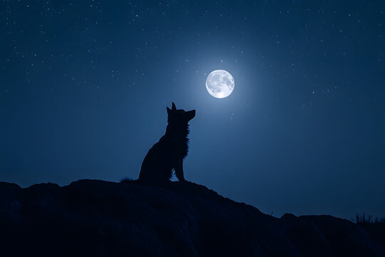 Dahu Silhouette Under a Starlit Sky with Moon Backdrop  