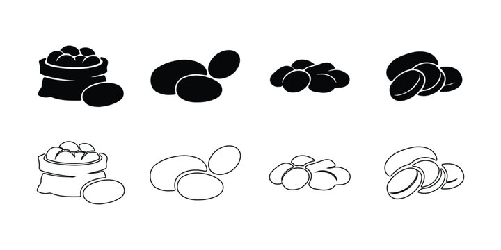 Potato icon set with sack pile and sliced styles silhouette and outline
