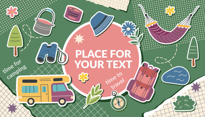 Camping collage banner with travel objects in pop art style2. The concept of travel, camping, hiking and outdoor recreation. Vector flat template.